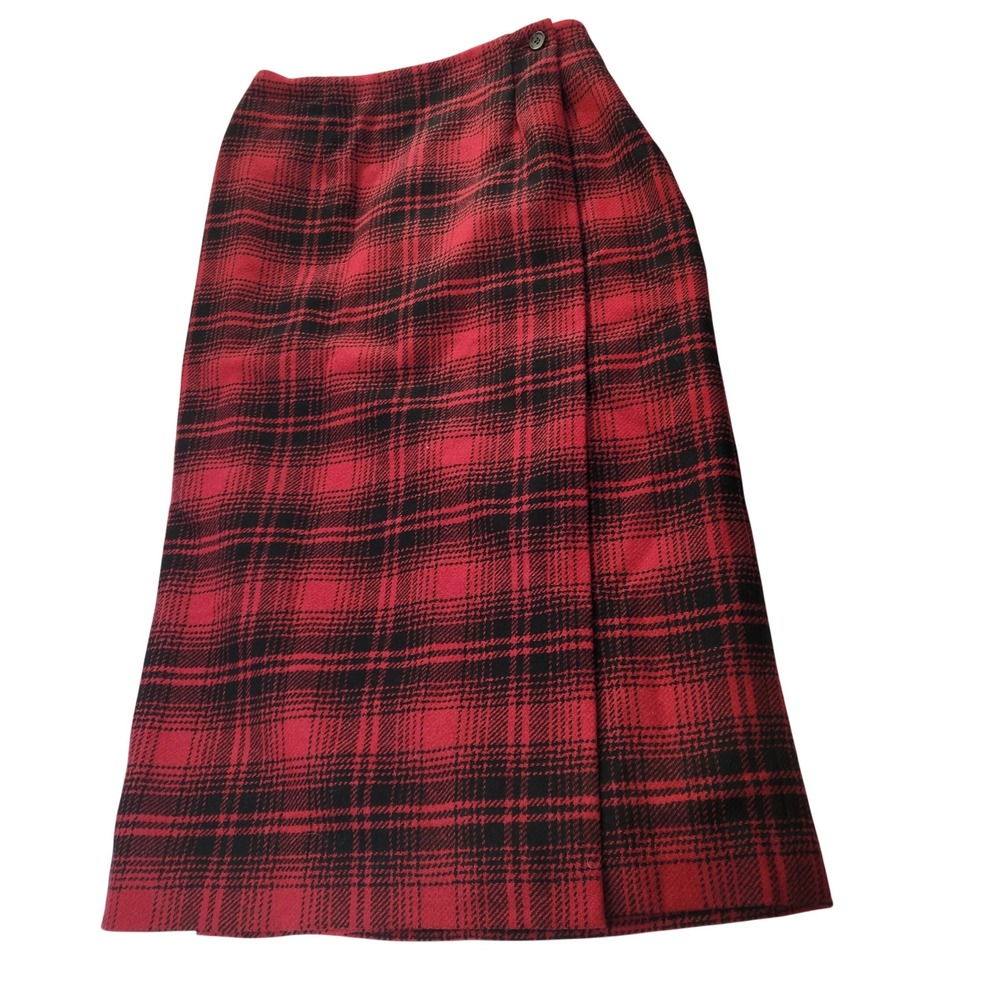 Vtg Talbots Petites Red Black Plaid 100% Wool Wrap Maxi Skirt Size 10P Italian